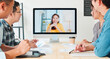 © Urbanscape - Group of young Asian business people video conference with colleague woman. Remote vdo call meeting, coworker teamwork brainstorm, startup office company, or new normal lifestyle concept