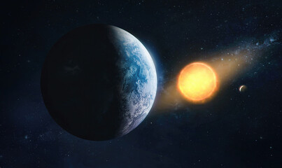 Poster - Earth planet and Sun in solar system. Stars and space. Science astronomy. Elements of this image furnished by NASA