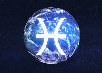 Wall Mural - zodiac sign pisces in a front of neptune planet of solar system astrologic infographics. elements of