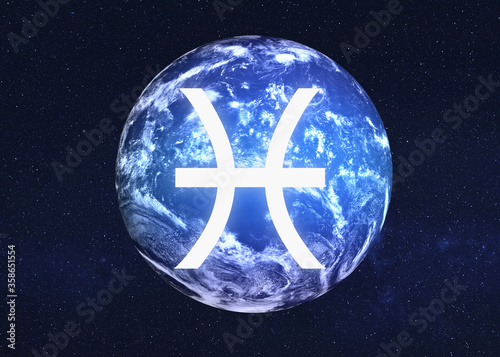 Fotomural Zodiac Sign Pisces in a front of neptune planet of solar system astrologic infographics