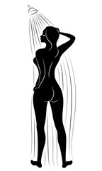 Silhouette of a cute young lady. The girl washes in the shower. The woman has a slim beautiful figure. Vector illustration