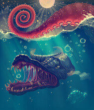 Sea Landscape With Red Octopus Tentacles Closeup In Water, Predator Under Water Fish, Wild Turtle And Splashes Over Blue Background. Summer Seascape, Oceanic Giant Monster Animals.