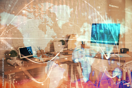 Cuadros en Lienzo Double exposure of business theme drawing and office interior background