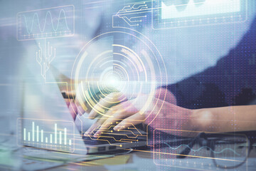 Aufkleber - Multi exposure of woman hands working on computer and data theme hologram drawing. Tech concept.