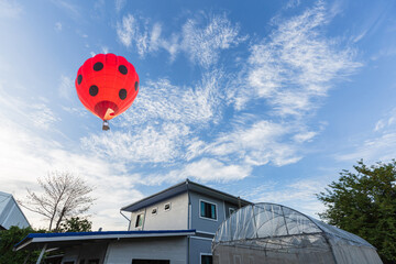 red hot air balloon over the house with beautiful sky and clouds background 