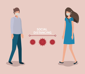 Wall Mural - Social distancing between boy and girl with masks design of Covid 19 virus theme Vector illustration