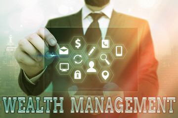Poster - Word writing text Wealth Management. Business photo showcasing investment advisory that combines other financial services Information digital technology network connection infographic elements icon