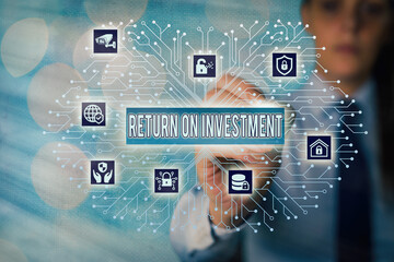 Poster - Word writing text Return On Investment. Business photo showcasing reviewing a financial report or investment risk analysis