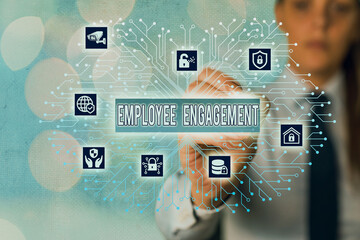 Poster - Word writing text Employee Engagement. Business photo showcasing extent to which workers feel passionate about their jobs