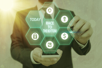 Poster - Handwriting text writing Race To The Bottom. Conceptual photo competition of companies Sacrifice qualities standards