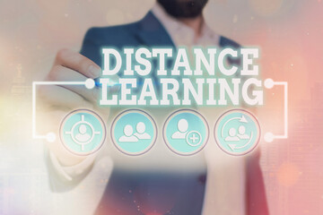Poster - Word writing text Distance Learning. Business photo showcasing educational lectures broadcasted over the Internet remotely Information digital technology network connection infographic elements icon