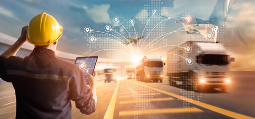 Aufkleber - Transport and logistic concept, Manager and engineer checking and control logistic network distribution and data on tablet for logistic Import export on motorway background