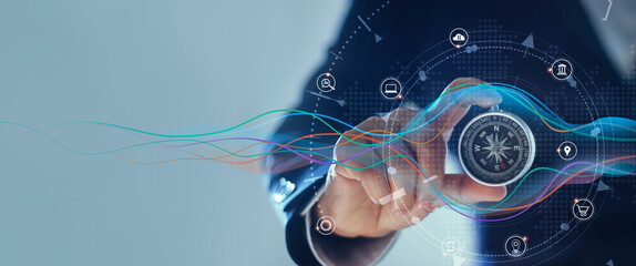 Leinwandbilder - Businessman with a compass holding in hand. Define marketing direction and search customer global network.
