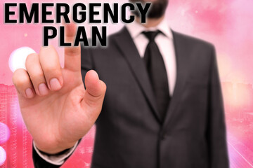 Writing note showing Emergency Plan. Business concept for instructions that outlines what workers should do in danger Touch screen digital marking important details in business