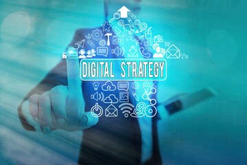 Canvas Print - Conceptual hand writing showing Digital Strategy. Concept meaning focuses on using technology to improve business performance Information digital technology network infographic elements