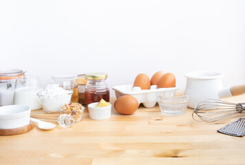 selective focus on wood.cooking breakfast food or bakery with ingredient and copy space of table