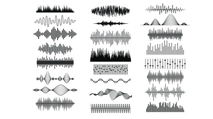 Set Black Collection Abstract Elements Audio Waves Voice Sound Music Shapes Vector Design Style