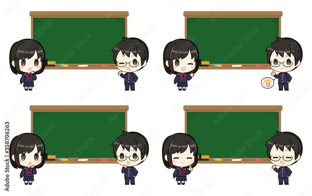 学校の黒板の前に立つ学生男女のイラスト Background Wall Mural Backgrou Potico