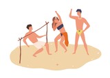 Fototapeta  - Group of happy friends dancing limbo on sand vector flat illustration. Smiling man and woman in swimsuits pass under bar with incline isolated on white. Relaxed people enjoying summer beach party