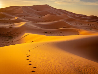  Footsteps in the sand at sunrise in Sahara desert, Morocco