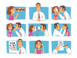 Sticker - Ophthalmology Diagnostics, Male Ophthalmologist Doctor Examining Patient Eyesight with Professional Equipment, Vision Correction Cartoon Vector Illustration