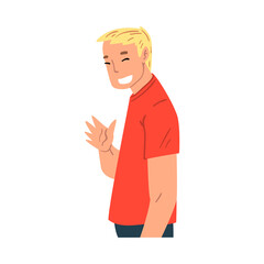 Sticker - Smiling Young Man Waving His Hand, Modern Communication Concept, Man Chatting Online via the Internet Using Video Call or Talking Face to Face Vector Illustration