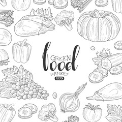 Sticker - Green Food Market Banner Template, Can be Used for Organic Food Store, Vegan Products, Farmer Market, Restaurant Menu Hand Drawn Vector Illustration