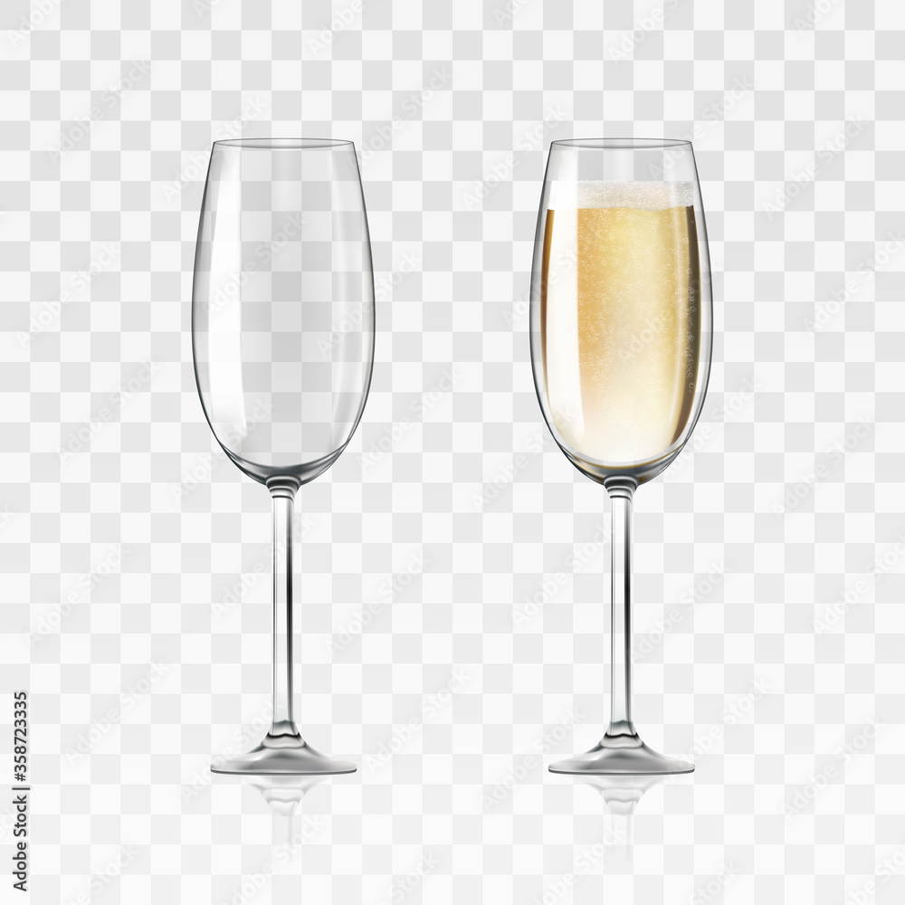 Vector realistic full and empty glasses of champagne, beautiful shining glass isolated on transparent background with sparkly champagne. EPS 10. - obrazy, fototapety, plakaty 