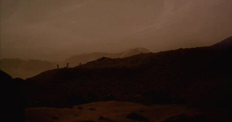 Wall Mural - wide dolly in three astronauts walking on a surface of a red rocky planet. mars colonization concept