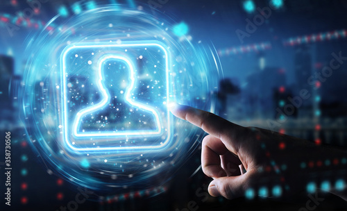Photographie Man hand using digital blue holographic user interface 3D rendering