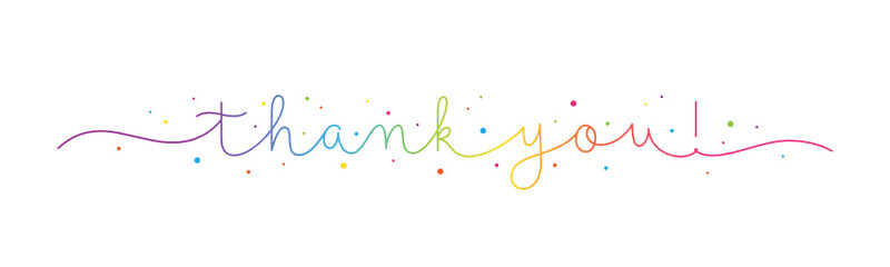 THANK YOU! rainbow vector monoline calligraphy banner with colorful confetti