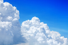 White Cumulus Clouds On Clear Blue Sky Background Close Up, Beautiful Aerial Cloudscape View, Azure Skies Backdrop, Fluffy Cloud Texture, Sunny Heaven, Cloudy Weather, Cloudiness Landscape, Copy Space