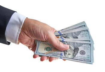 Poster - Man hand holding a handful of dollar bills or money isolated on white background. Shallow depth of field.
