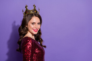 Wall Mural - Profile photo of pretty confident lady prom queen status golden crown on head bright lipstick beaming toothy smile wear sequins burgundy dress isolated pastel violet color background