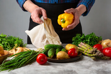 Canvas Print - Men after shopping , food coming out eco cotton bag