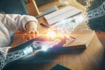 Fototapete - Multi exposure of woman's hands on background with technology and digital coding icons. Data development concept.
