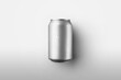 A template of a cylindrical aluminum can with a refreshing drink and drops of water, located on a white background.