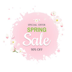 Poster - Pink Stain With Flowers Sale Banner With Gradient Mesh, Vector Illustration.