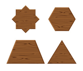 Wall Mural - wooden plank different collection isolated on white background, wooden eight pointed star, trapezoid wood shaped plank dark brown, wooden triangular pyramid panel, hexagon wood shape