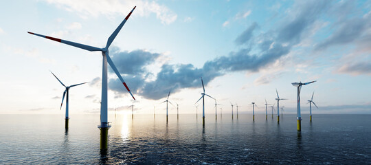 offshore wind turbines farm on the ocean. sustainable energy