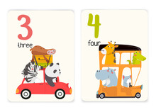 Baby Learning Cards With Animals. Number Three With Panda, Zebra, Sloth. Cute Animals Traveling By Car. Number Four With Giraffe, Alligator, Cat, Hippopotamus. Cute Animals Traveling By Car.