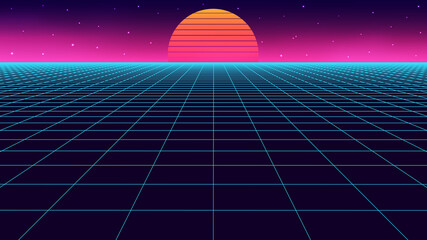Poster - Vector perspective grid in retro style. Detailed lines on dark background.
