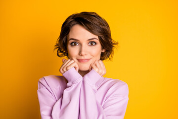 Portrait of pretty nice girl touching face with her fists enjoy feel pleasure wear pastel pullover isolated over bright color background