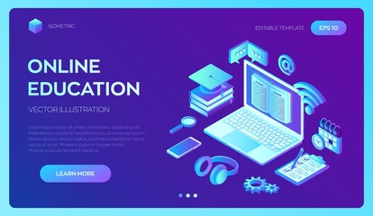 Wall Mural - E-learning. Innovative online education and distance Learning 3D isometric concept. Webinar, teaching, online training courses. Internet conference. Web seminar. Skill development. Vector illustration