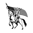 © Redwater Vectors - United States Cavalry on Horse Blowing Bugle With USA Flag Retro Black and White