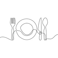 Continuous line drawing of plate, knife, and fork. Minimalism hand drawn one lineart minimalist vector illustration on white background. Dinner theme with creative symbol. EPS 10