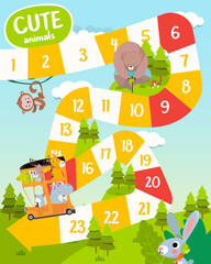 Vector flat style illustration of kids animals board game. For print. Cute Animal Theme.