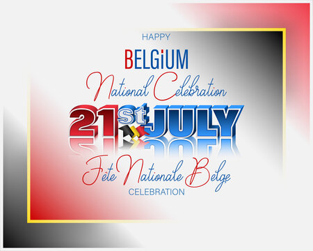 Holiday design, background with handwriting and 3d texts e and national flag colors for Belgian national holiday, celebration; Vector illustration
