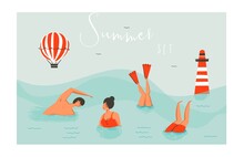Hand Drawn Vector Abstract Cartoon Summer Time Fun Swimming People Group Collection Set Isolated On Blue Ocean Waves.