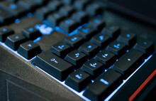 Gamer Keyboard With Colorful Blue Lights, Modern Gamer Computer. Blue Backlight, Backlit On Laptop Or Keyborad Computer Of Gaming.